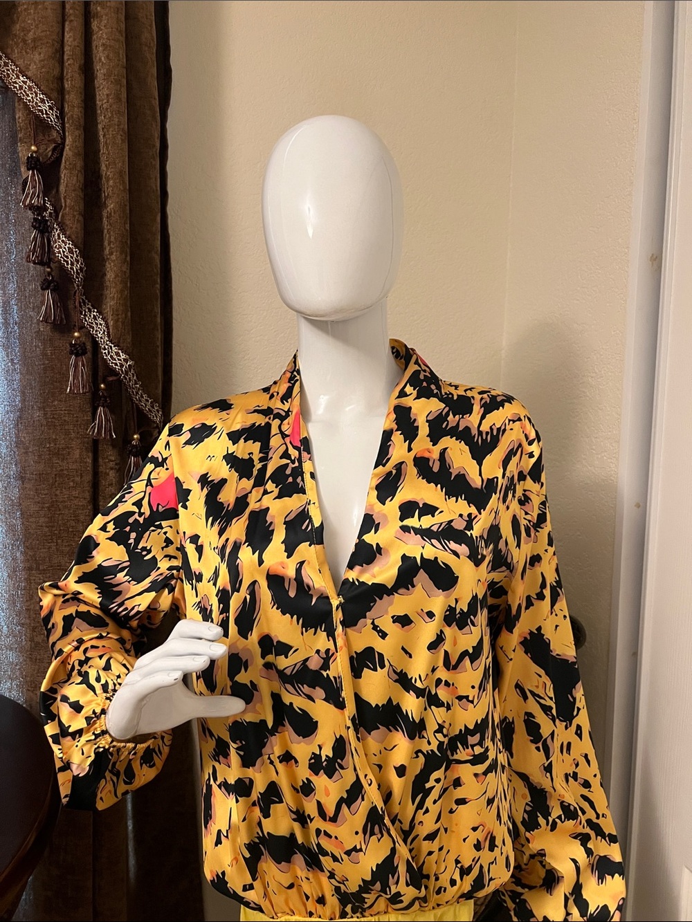 AKIRA Yellow Black Animal Print Satin Bodysuit